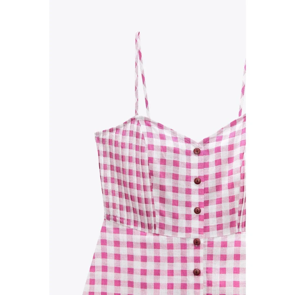 Zara Gingham Print Linen-Blend Button Down Sleeveless Romper Shorts (NWT)